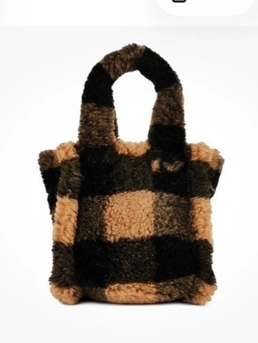 Stand Studio Lizzie Mini Bag Plaid Faux Shearling Tote in Black & Brown Like New